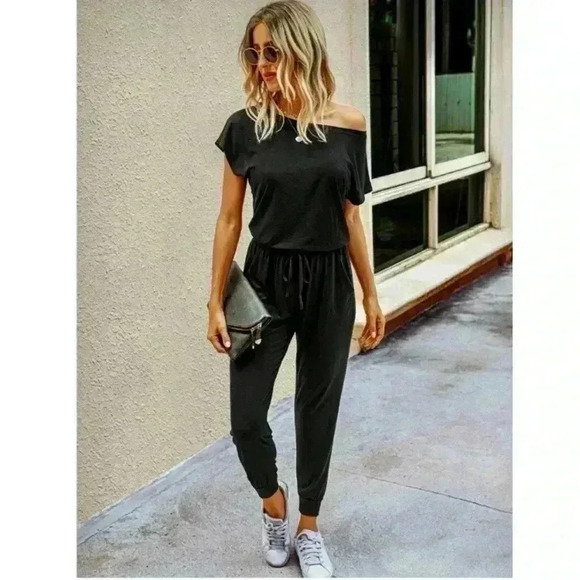 Casual Black Jumpsuit Drawstring Waist - Picture 1 of 5